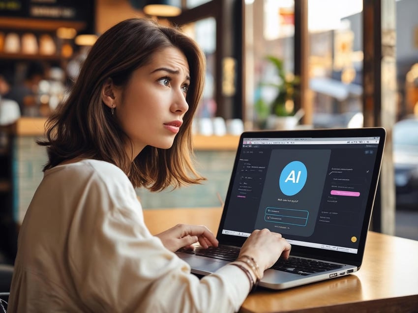 AI-CANVA gegenereerde foto van vrouw achter een laptop met haar scherm open met AI tool in beeld