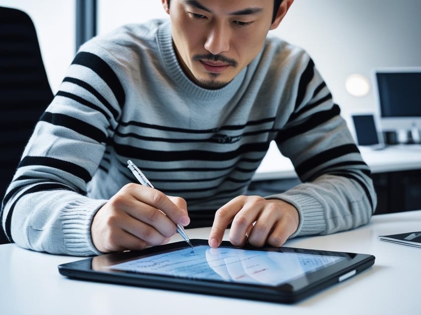 Man aan het schrijven op een tablet- foto met AI gegenereerd